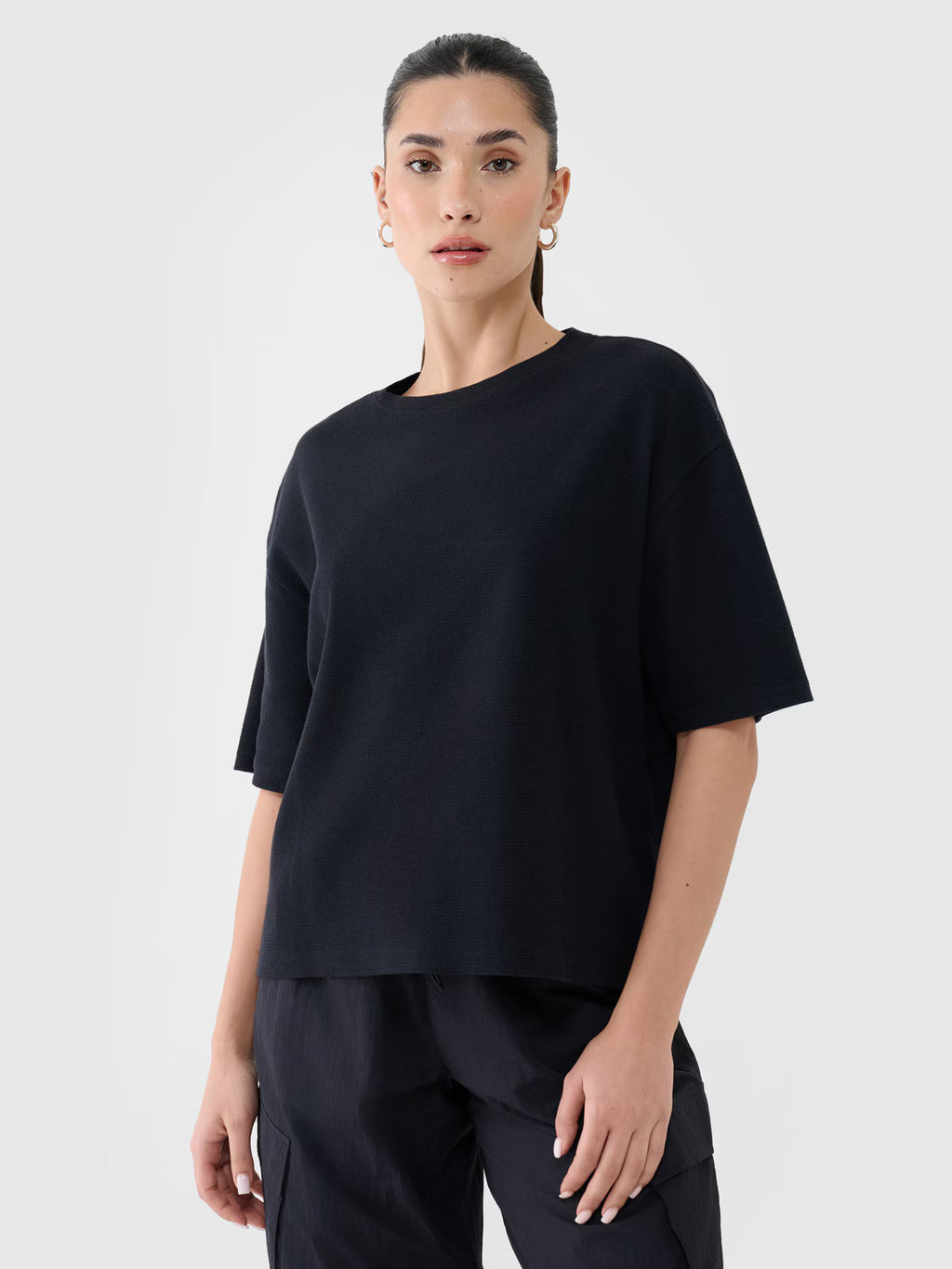 T-shirt regular z waflowej dzianiny damski