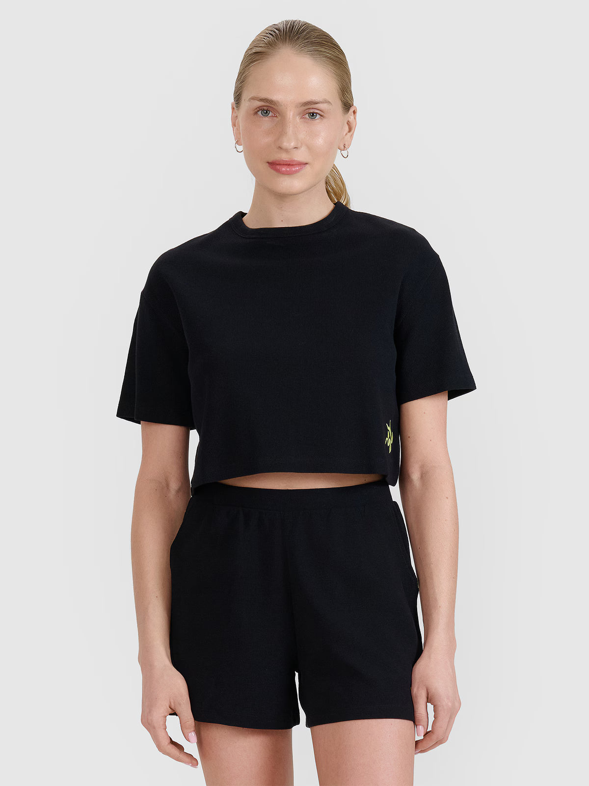 T-shirt crop top z waflowej dzianiny damski