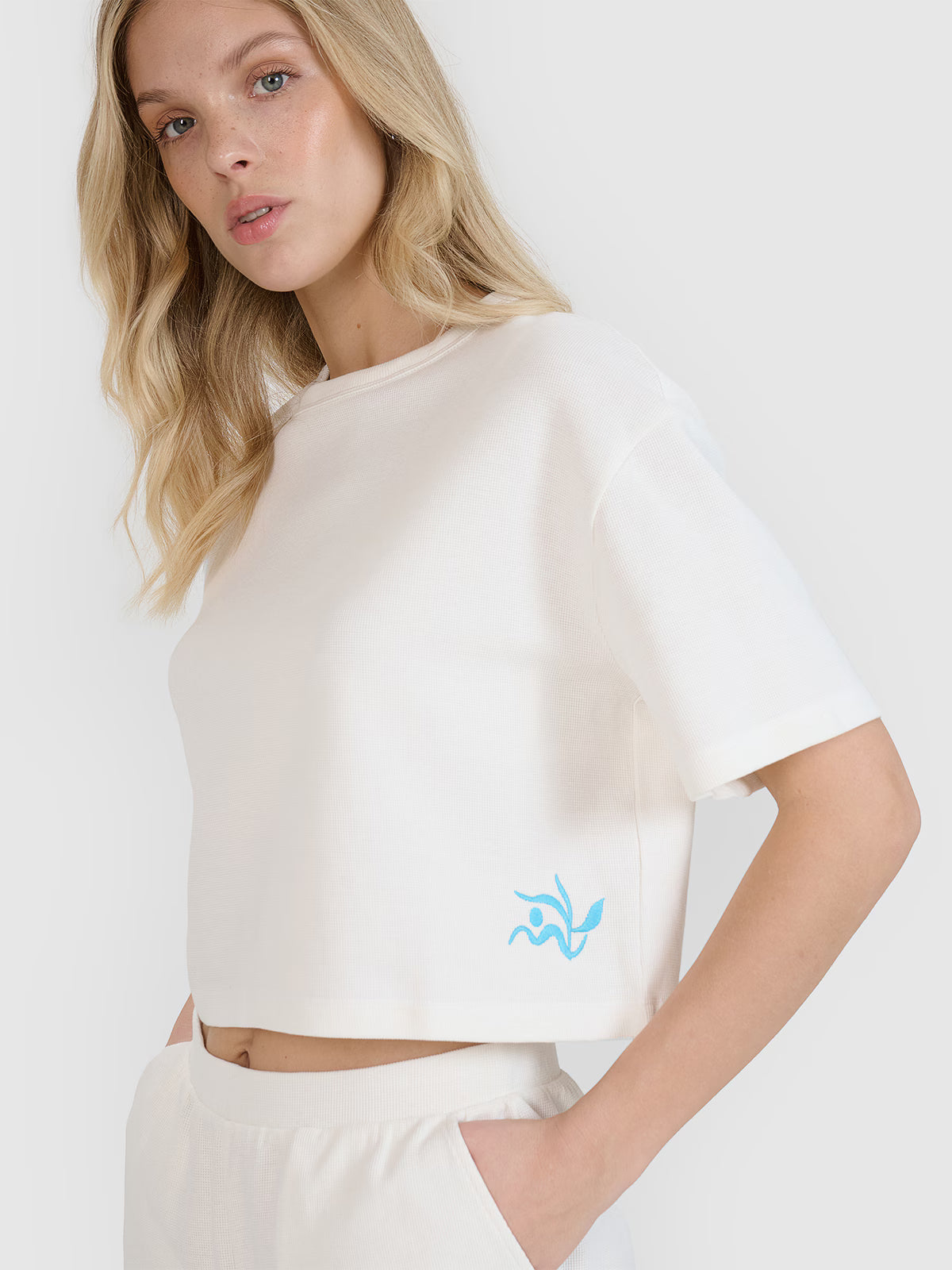 T-shirt crop top z waflowej dzianiny damski