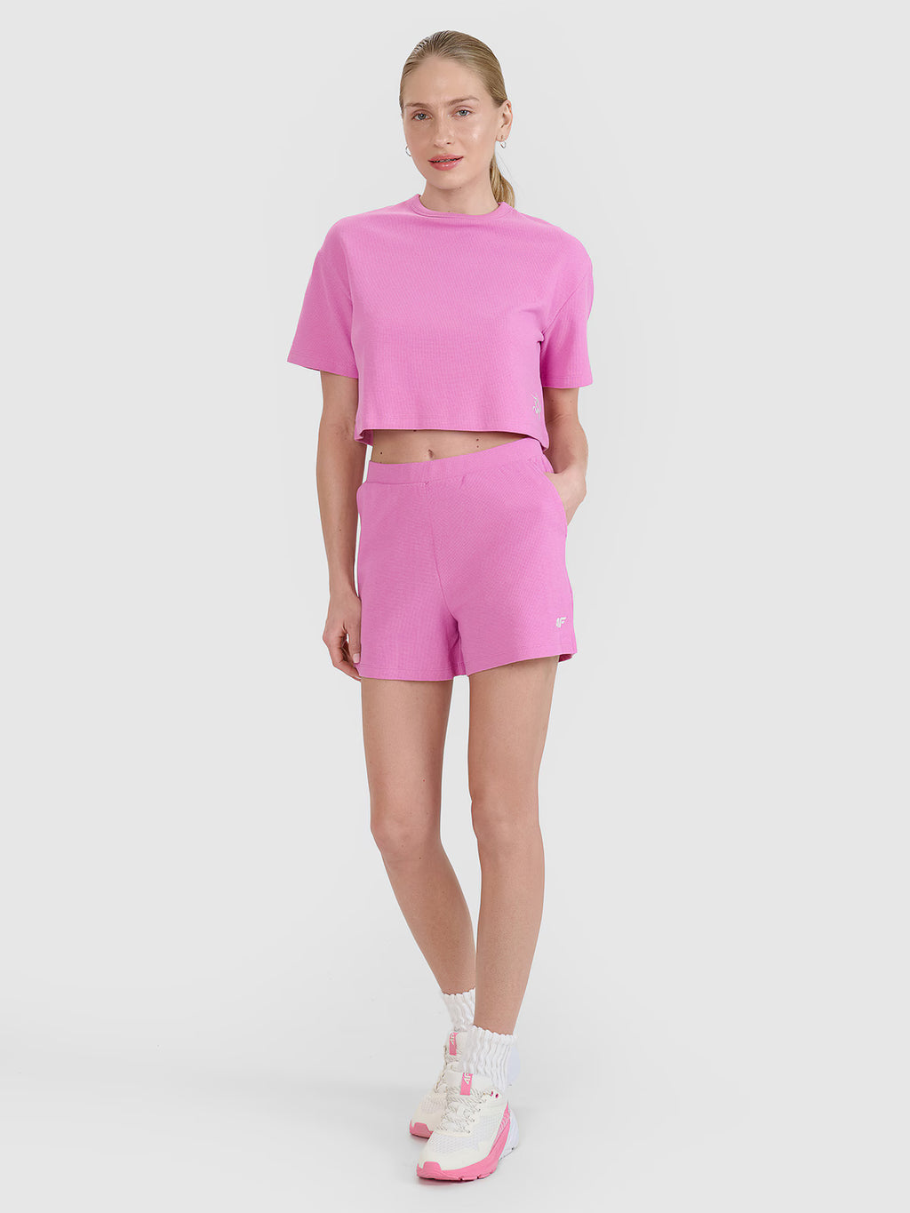 T-shirt crop top z waflowej dzianiny damski