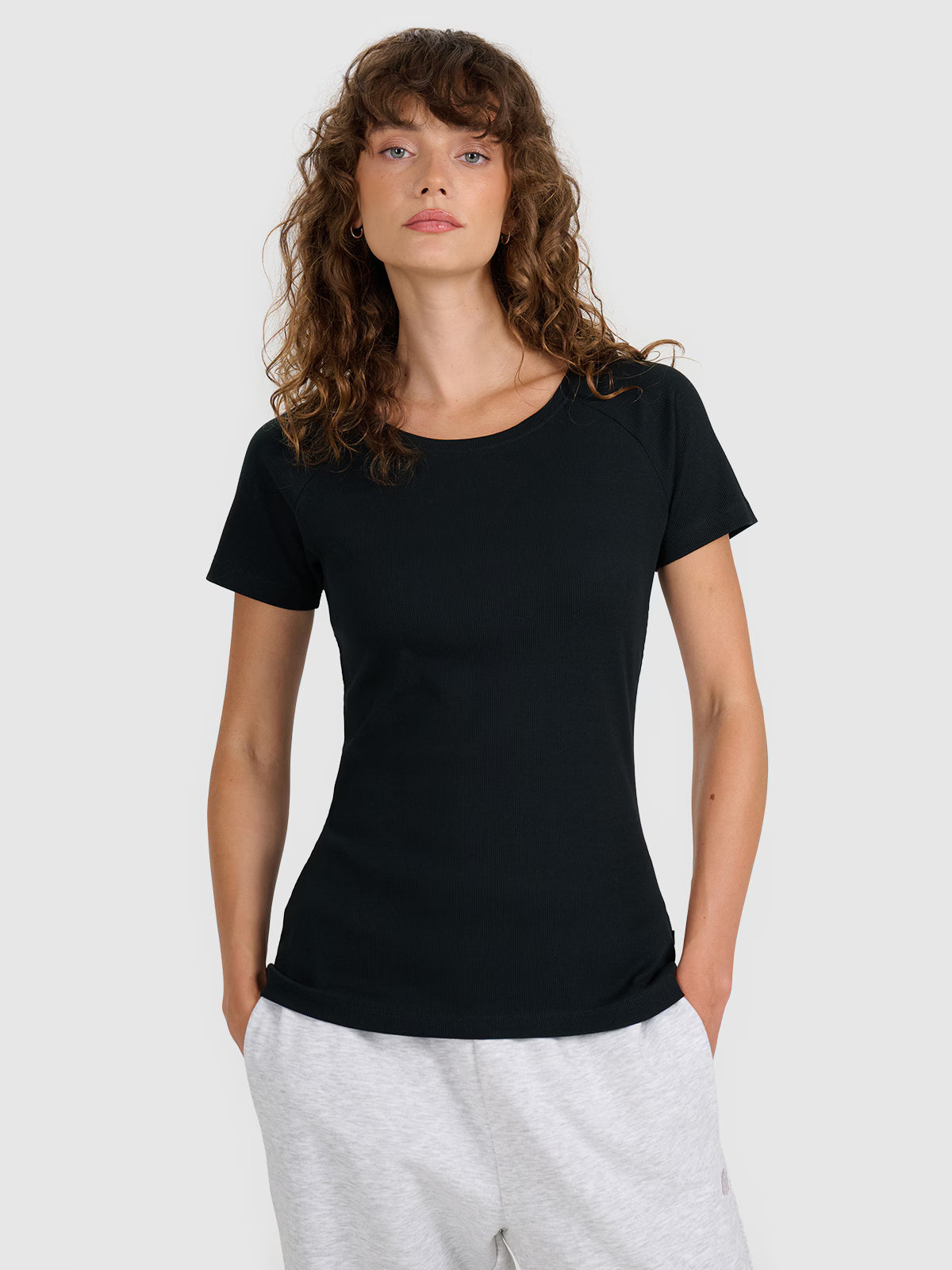 T-shirt regular z prążkowanej dzianiny damski