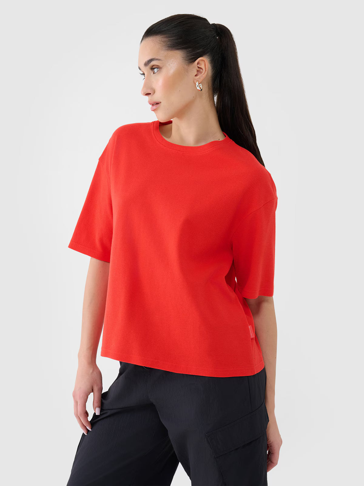 T-shirt regular z waflowej dzianiny damski