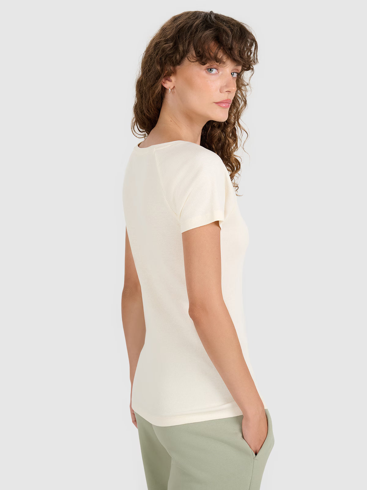 T-shirt regular z prążkowanej dzianiny damski