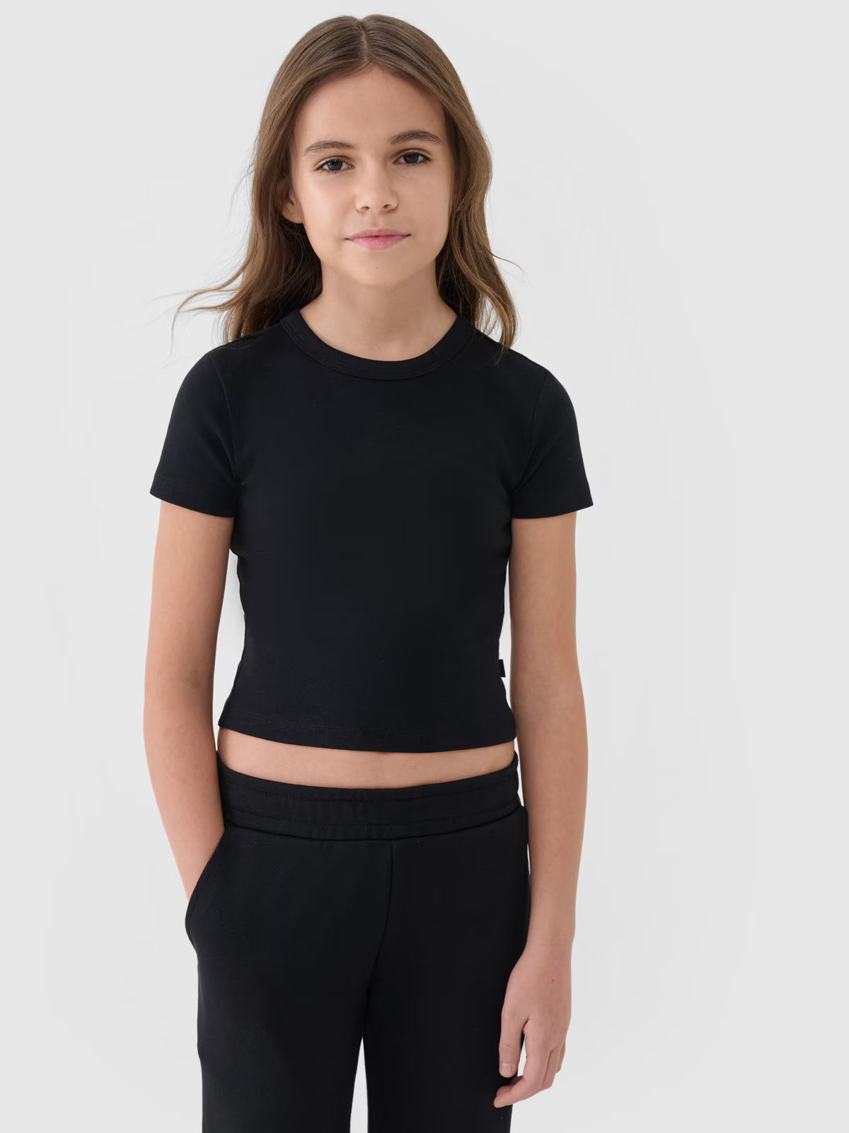 T-shirt slim crop top gładki dziewczęcy