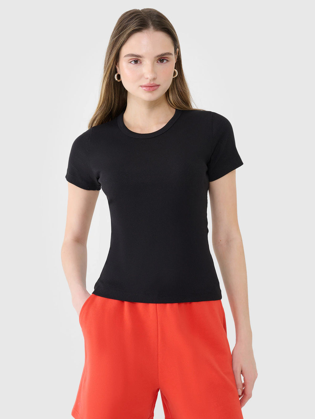 T-shirt slim z prążkowanej dzianiny damski